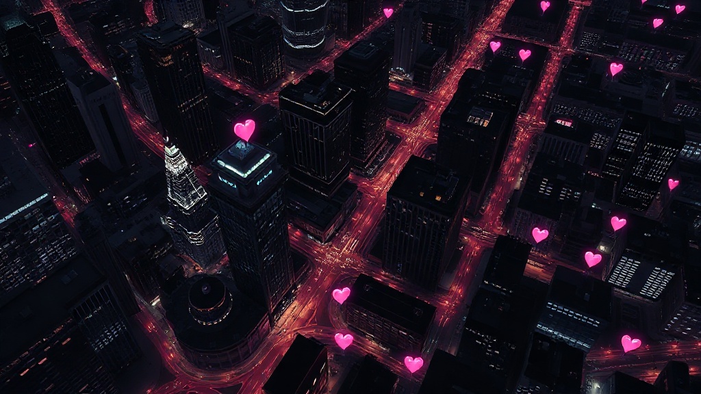 Romantic night map with glowing heart pins