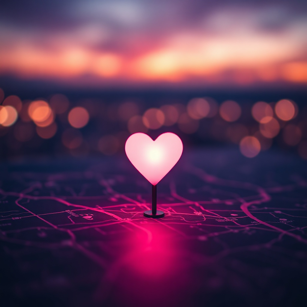 Glowing heart pin on night map