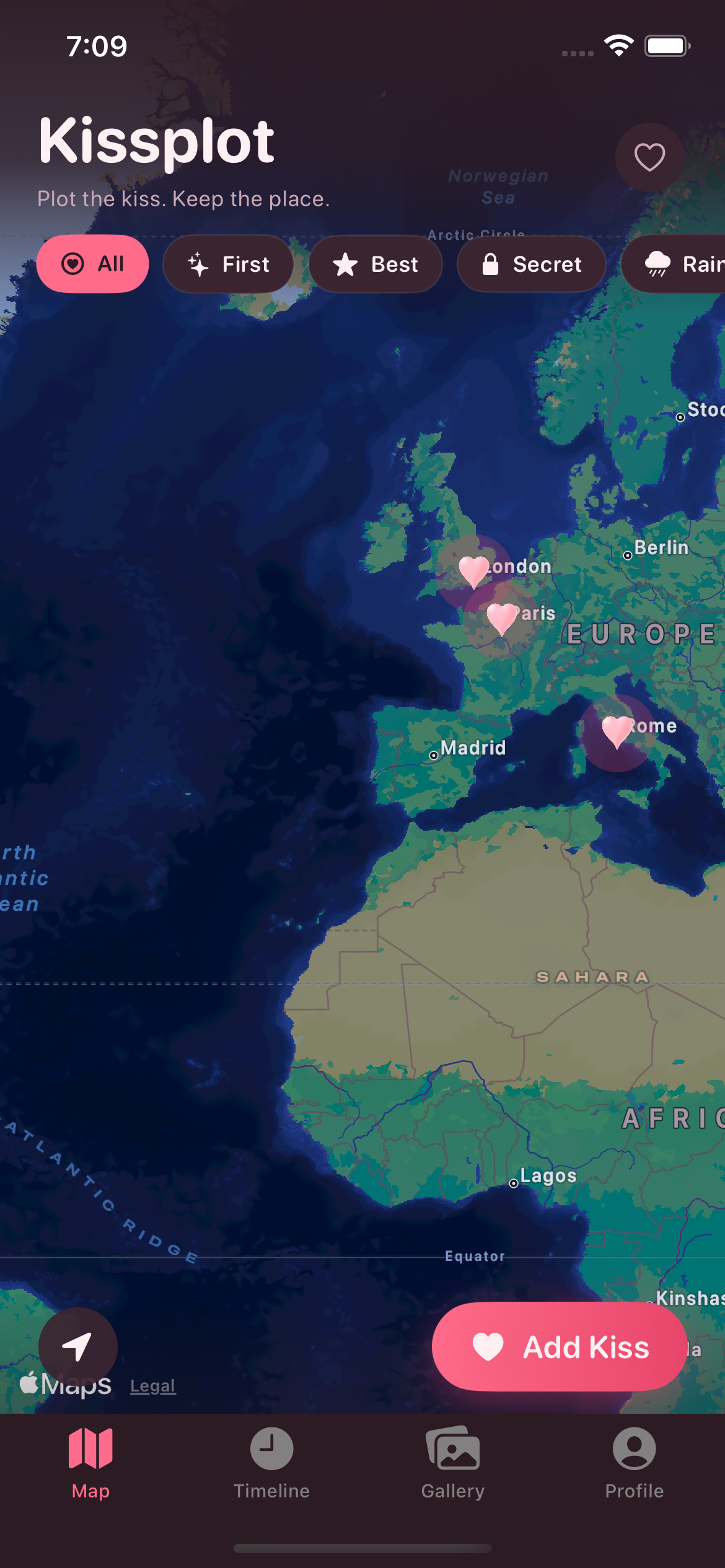 Kissplot map with heart pins